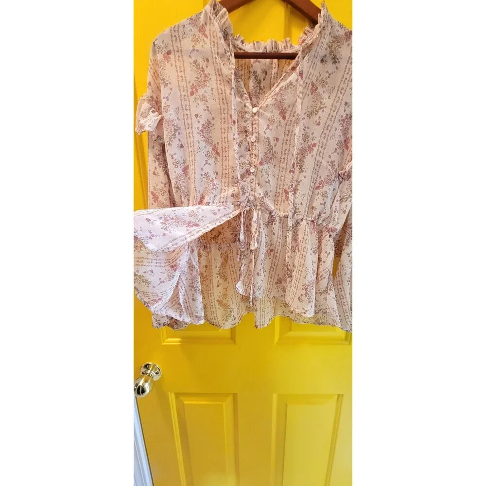Sheer Pink Floral Flowy Blouse Size M